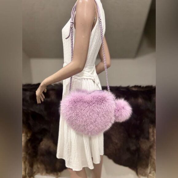 One of a kind! Premium Real Fox Fur Heart Shaped Bag & 2 Straps & Fur Ball Charm - Picture 13 of 17